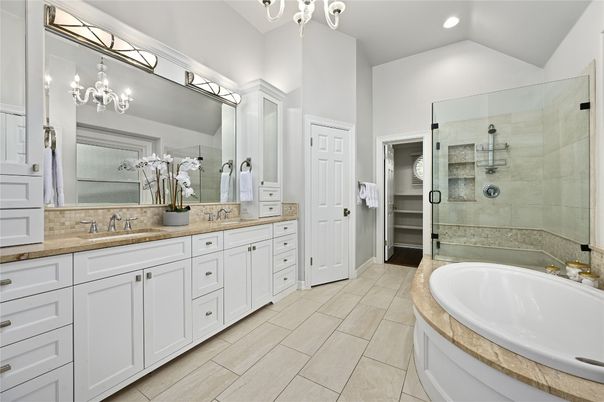 Bathroom, Dual Sink Vanities, Glass Shower, Interior, Recessed Lighting