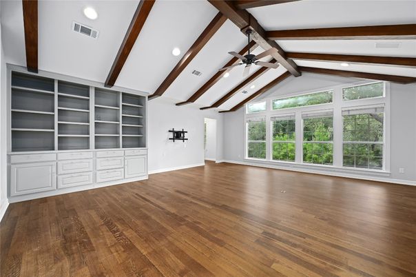 Empty room, Interior, Recessed Lighting, Wooden Beams, Wood Texture Flooring