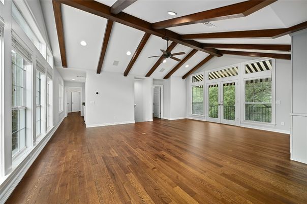 Empty room, Interior, Recessed Lighting, Wooden Beams, Wood Texture Flooring