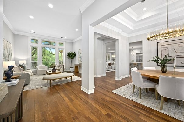 Dining room, Interior, Living room, Pendant Lights, Recessed Lighting, Wood Texture Flooring