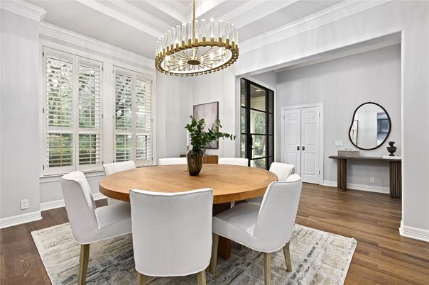 Dining room, Interior, Pendant Lights, Wood Texture Flooring