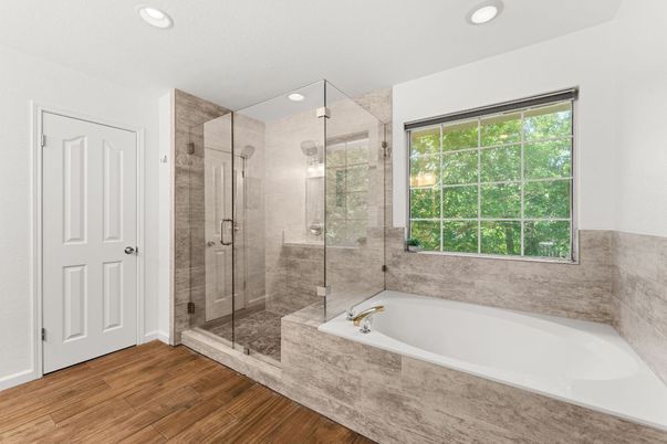 Bathroom, Glass Shower, Interior, Recessed Lighting, Wood Texture Flooring