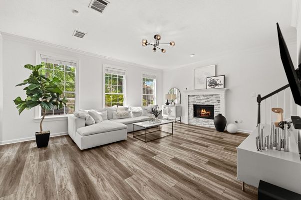 Fireplace, Interior, Living room, Pendant Lights, Recessed Lighting, Wood Texture Flooring