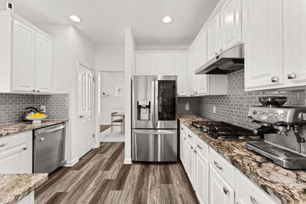 Interior, Kitchen, Recessed Lighting, Stainless Steel Appliances, Wood Texture Flooring