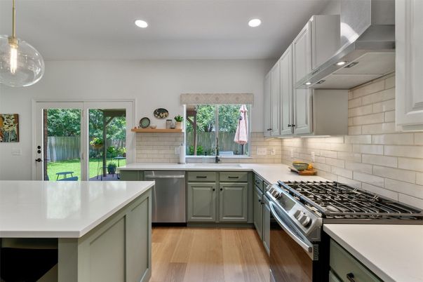 Interior, Kitchen, Pendant Lights, Recessed Lighting, Stainless Steel Appliances, Wood Texture Flooring