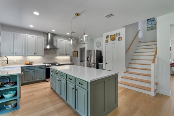 Interior, Kitchen, Pendant Lights, Recessed Lighting, Stainless Steel Appliances, Wood Texture Flooring