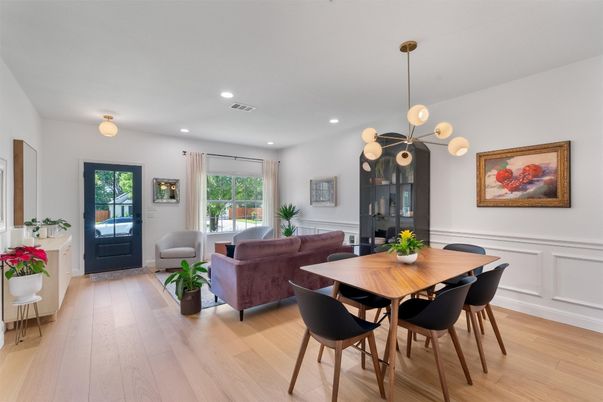 Dining room, Interior, Living room, Pendant Lights, Recessed Lighting, Wood Texture Flooring