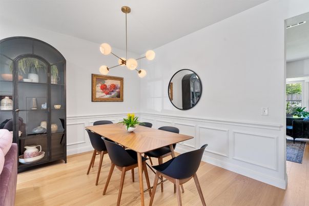 Dining room, Interior, Pendant Lights, Wood Texture Flooring