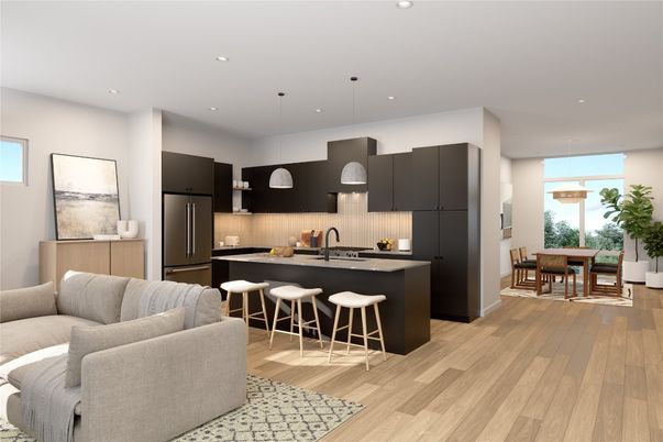 Dining room, Interior, Kitchen, Pendant Lights, Recessed Lighting, Stainless Steel Appliances, Wood Texture Flooring