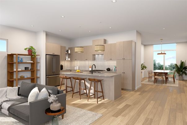 Dining room, Interior, Kitchen, Living room, Pendant Lights, Recessed Lighting, Stainless Steel Appliances, Wood Texture Flooring