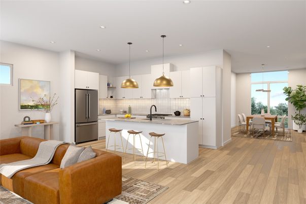 Dining room, Interior, Kitchen, Pendant Lights, Recessed Lighting, Stainless Steel Appliances, Wood Texture Flooring