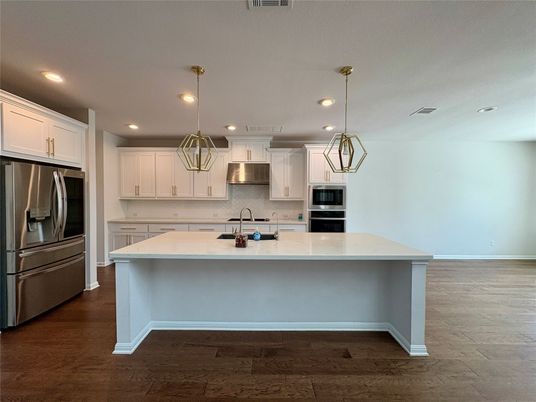 Interior, Kitchen, Pendant Lights, Recessed Lighting, Stainless Steel Appliances, Wood Texture Flooring