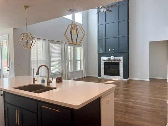 Fireplace, Interior, Kitchen, Pendant Lights, Wood Texture Flooring