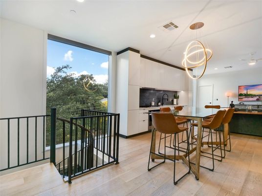 Dining room, Interior, Pendant Lights, Recessed Lighting, Wood Texture Flooring