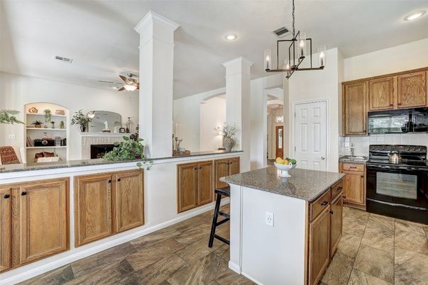 Fireplace, Interior, Kitchen, Pendant Lights, Recessed Lighting, Wood Texture Flooring