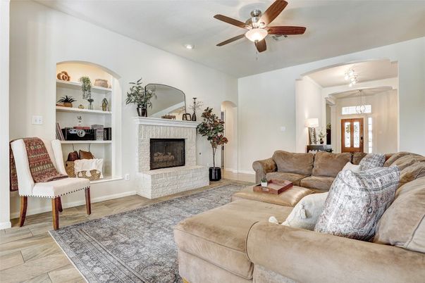 Fireplace, Interior, Living room, Recessed Lighting, Wood Texture Flooring