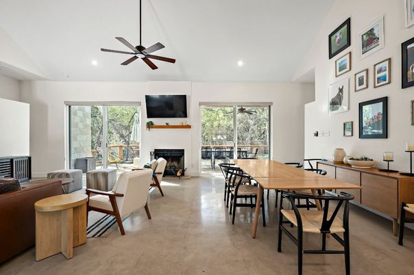Dining room, Fireplace, Interior, Living room, Recessed Lighting