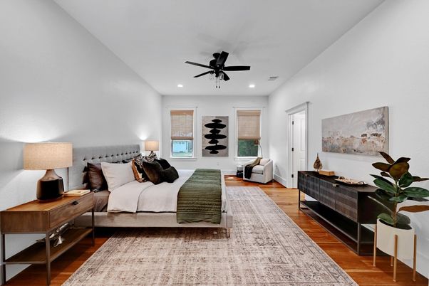 Bedroom, Interior, Recessed Lighting, Wood Texture Flooring