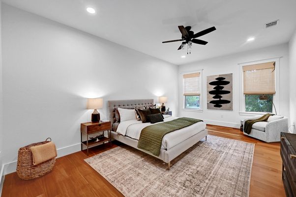 Bedroom, Interior, Recessed Lighting, Wood Texture Flooring