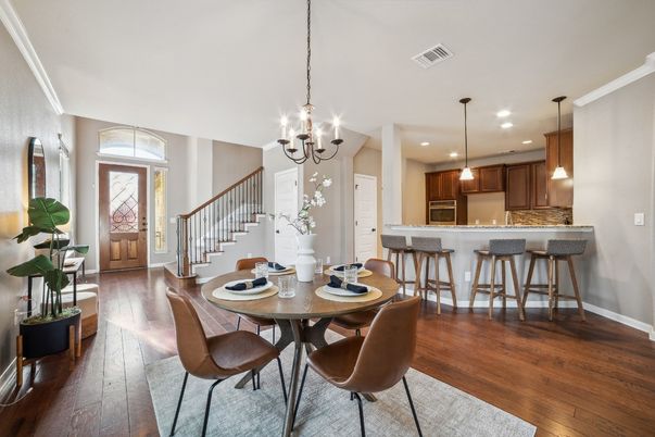 Chandelier, Dining room, Interior, Kitchen, Pendant Lights, Recessed Lighting, Wood Texture Flooring