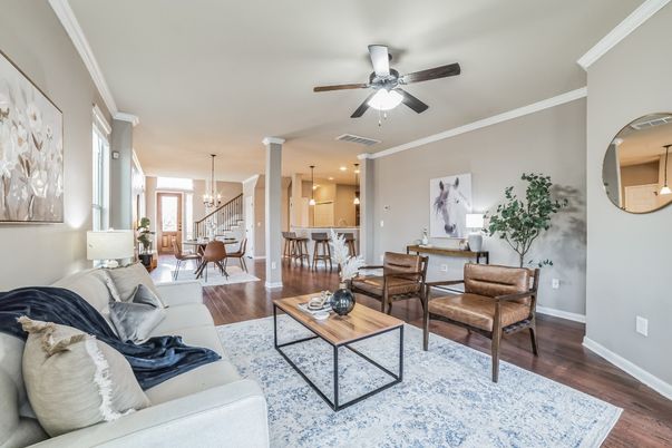 Chandelier, Dining room, Interior, Living room, Pendant Lights, Recessed Lighting, Wood Texture Flooring