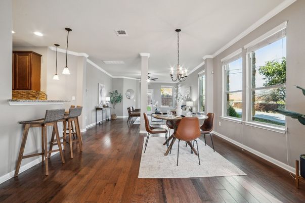 Chandelier, Dining room, Interior, Pendant Lights, Recessed Lighting, Wood Texture Flooring