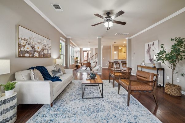 Dining room, Interior, Living room, Pendant Lights, Recessed Lighting, Wood Texture Flooring