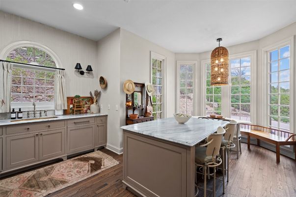 Dining room, Interior, Pendant Lights, Recessed Lighting, Wood Texture Flooring