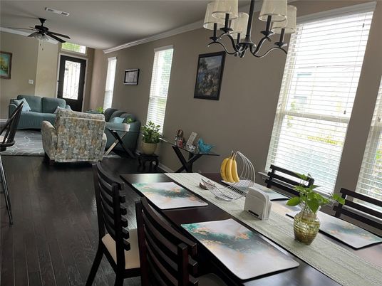 Chandelier, Dining room, Interior, Wood Texture Flooring