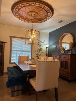 Dining room, Interior, Pendant Lights, Wood Texture Flooring
