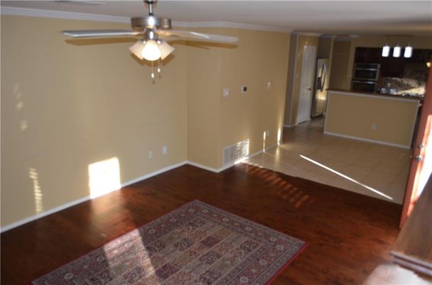 Empty room, Interior, Kitchen, Stainless Steel Appliances, Wood Texture Flooring
