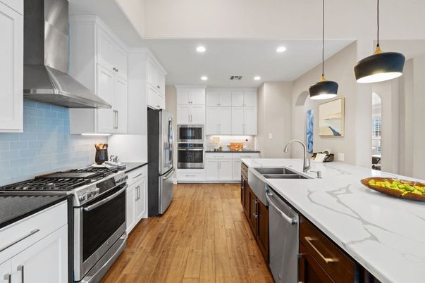 Interior, Kitchen, Pendant Lights, Recessed Lighting, Stainless Steel Appliances, Wood Texture Flooring