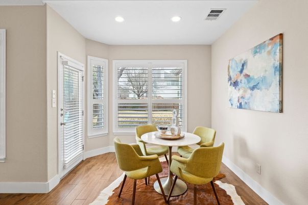 Dining room, Interior, Recessed Lighting, Wood Texture Flooring