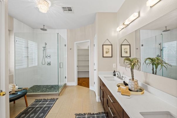 Bathroom, Dual Sink Vanities, Glass Shower, Interior, Wood Texture Flooring