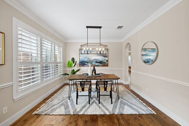 Dining room, Interior, Pendant Lights, Wood Texture Flooring