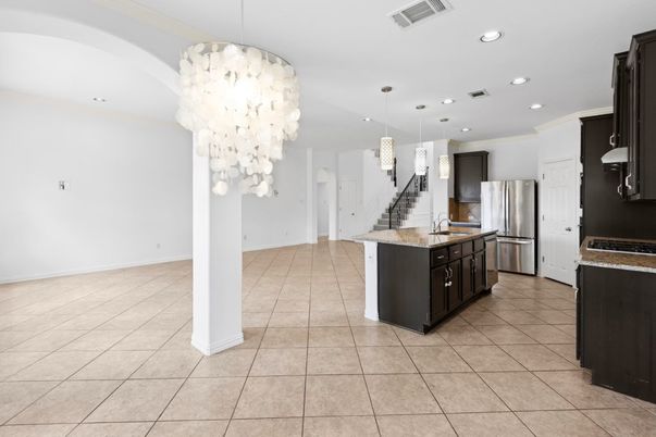 Chandelier, Interior, Kitchen, Pendant Lights, Recessed Lighting, Stainless Steel Appliances