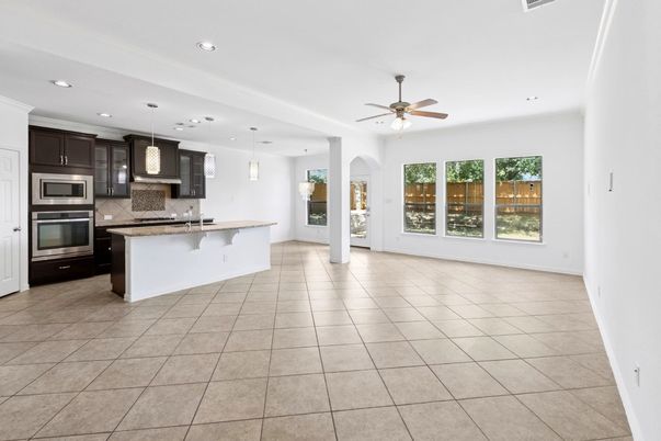 Empty room, Interior, Kitchen, Pendant Lights, Recessed Lighting, Stainless Steel Appliances