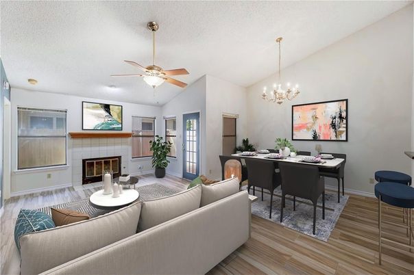 Chandelier, Dining room, Fireplace, Interior, Living room, Pendant Lights, Wood Texture Flooring