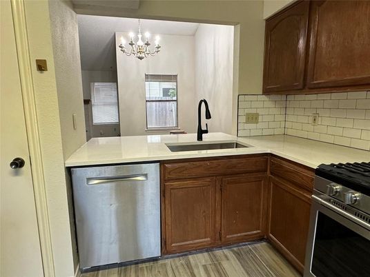 Chandelier, Interior, Kitchen, Stainless Steel Appliances, Wood Texture Flooring