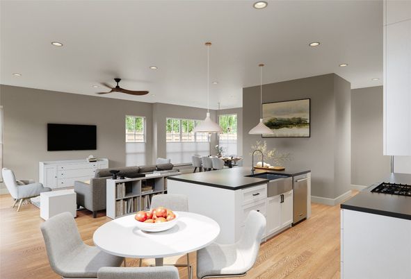 Dining room, Interior, Kitchen, Living room, Pendant Lights, Recessed Lighting, Wood Texture Flooring