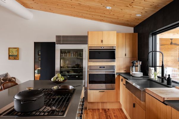 Interior, Kitchen, Recessed Lighting, Stainless Steel Appliances, Wooden Ceilings, Wood Texture Flooring