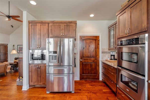 Dining room, Interior, Kitchen, Recessed Lighting, Stainless Steel Appliances, Wood Texture Flooring