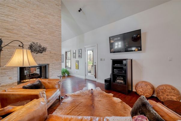 Fireplace, Interior, Living room, Stone Walls, Wood Texture Flooring