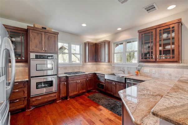 Interior, Kitchen, Recessed Lighting, Stainless Steel Appliances, Wood Texture Flooring