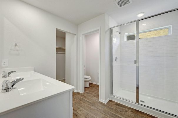 Bathroom, Glass Shower, Interior, Recessed Lighting, Wood Texture Flooring