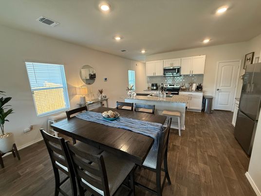 Dining room, Interior, Kitchen, Recessed Lighting, Stainless Steel Appliances, Wood Texture Flooring