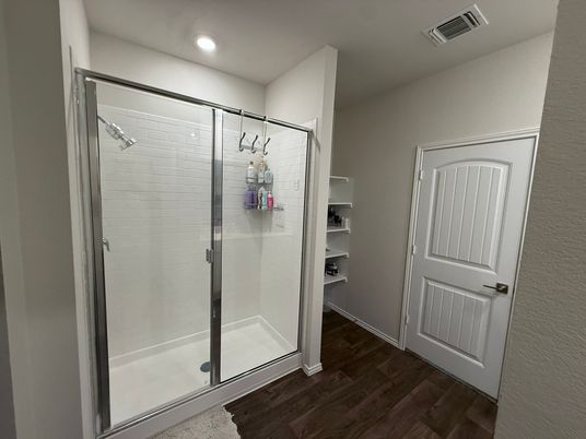 Bathroom, Glass Shower, Interior, Recessed Lighting, Wood Texture Flooring