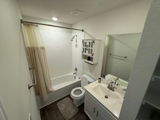 Bathroom, Dual Sink Vanities, Interior, Recessed Lighting, Wood Texture Flooring