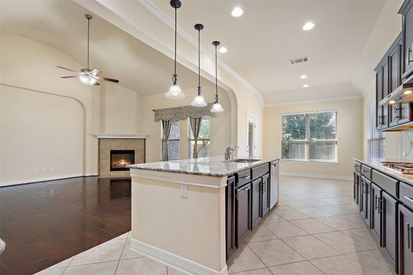 Fireplace, Interior, Kitchen, Pendant Lights, Recessed Lighting