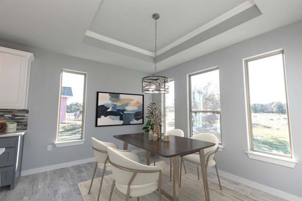 Dining room, Interior, Pendant Lights, Wood Texture Flooring